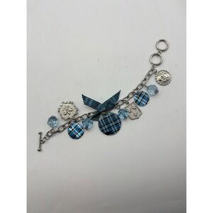 Blue Plaid Fleur De Lis Charm Bracelet Silver Tone Toggle Clasp‎ Glass Bead Bow